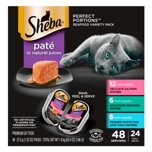 SHEBA Wet Cat Food Pate Variety Pack, Signature Seafood, Delicate Salmon and Tender Whitefish & Tuna Entrees, 2.6 oz. PERFECT PORTIONS Twin-Pack Trays